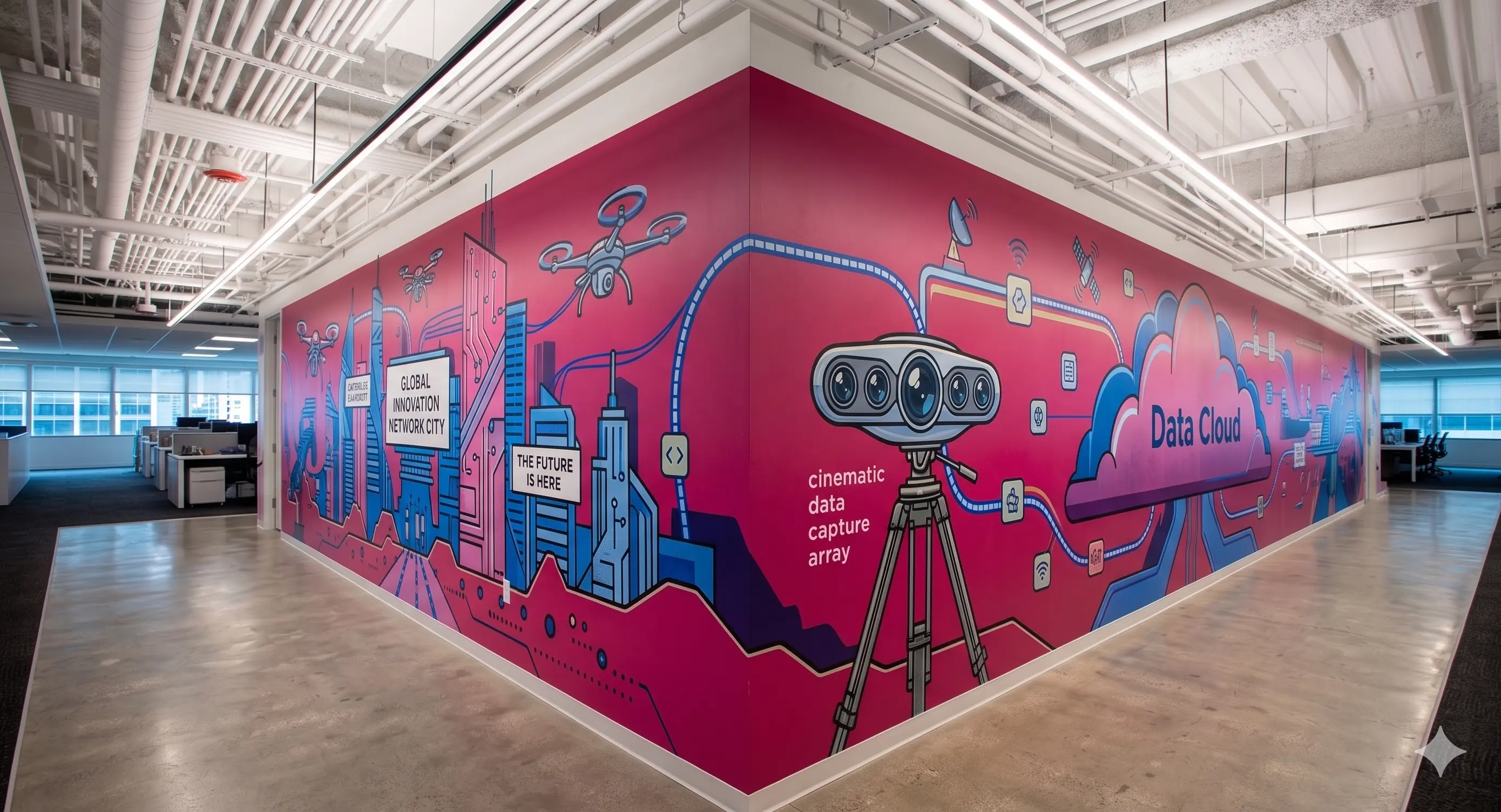 Large-scale branded commercial graphics covering a retail storefront